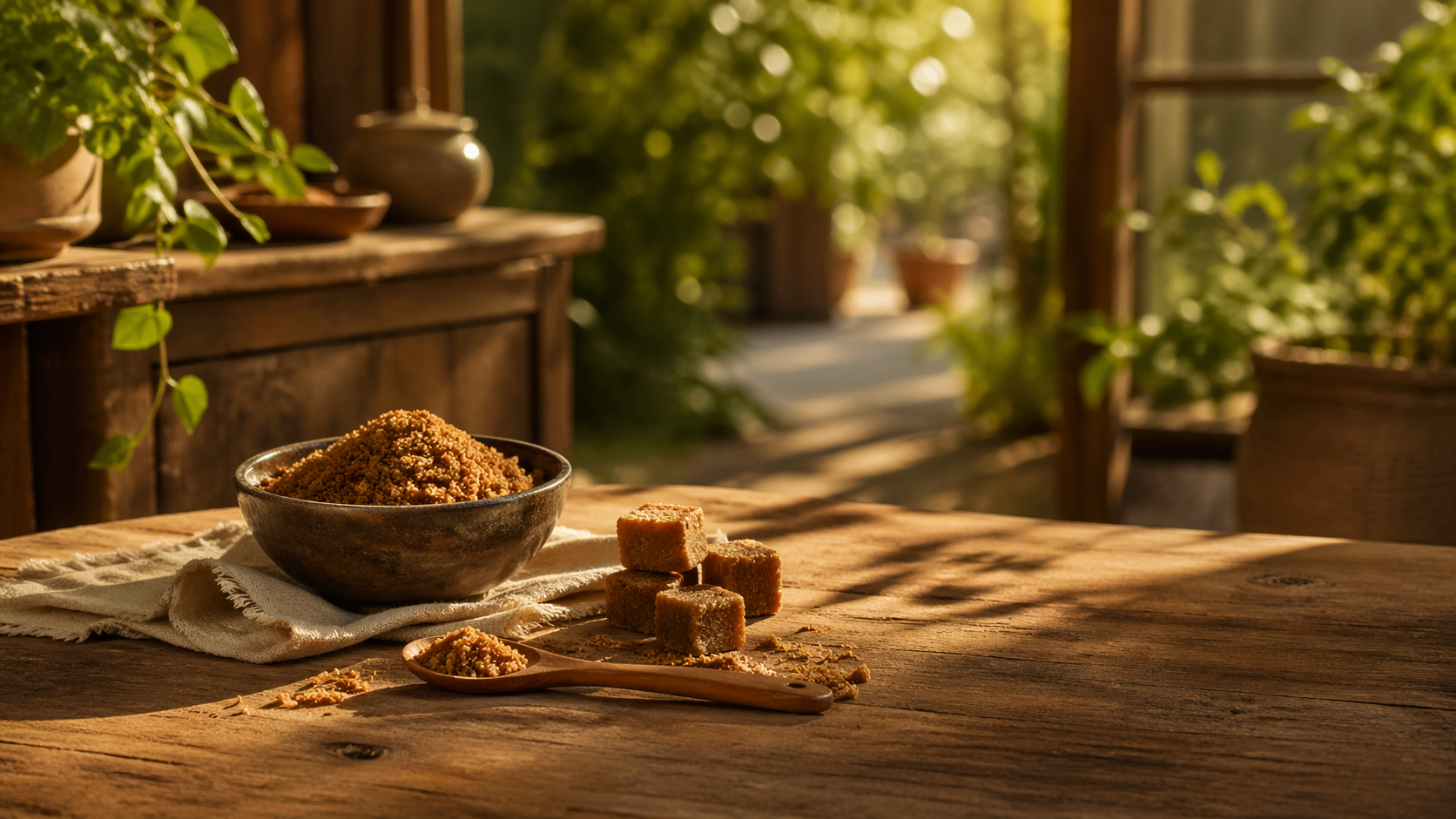 Brown sugar ingredient scene arranged on a rustic wooden tabletop