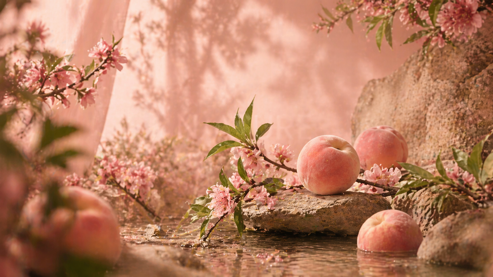 Peach ingredient scene with blossoms and fruit in a soft pink setting