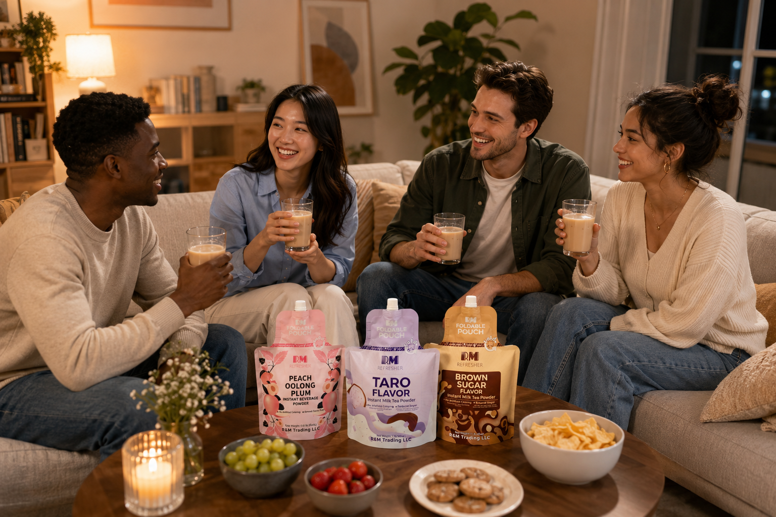 Friends gathering at home with RM Refresher milk tea drinks and foldable pouches