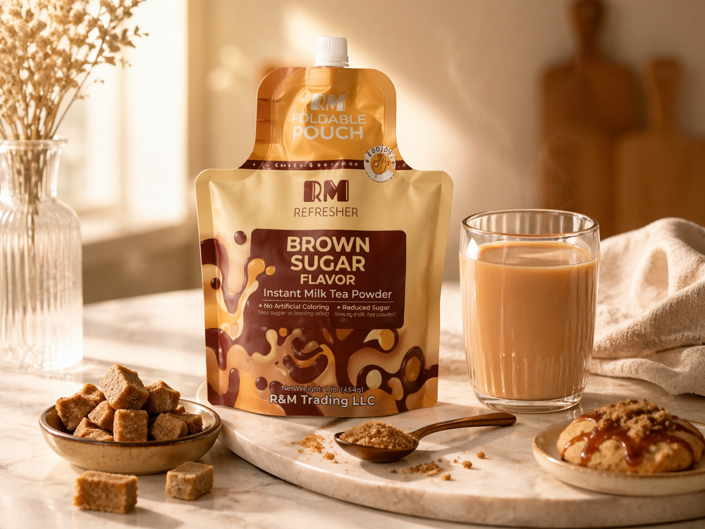 Brown Sugar Flavor instant milk tea pouch styled with brown sugar cubes and a warm drink