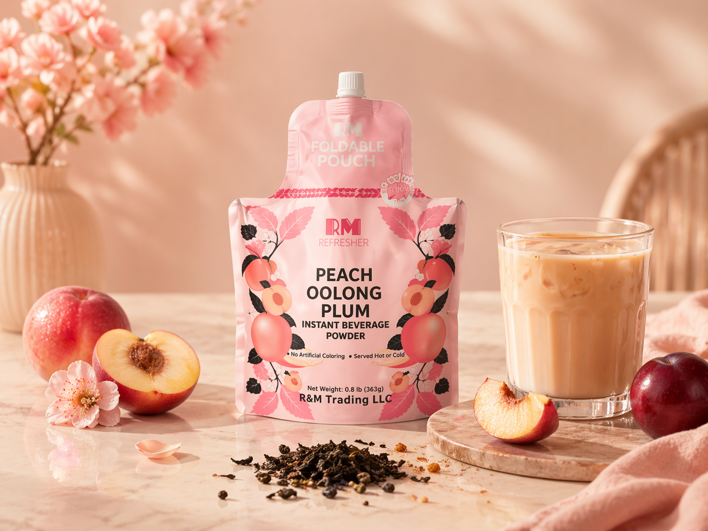 Peach Oolong Plum instant beverage pouch with peach still-life styling