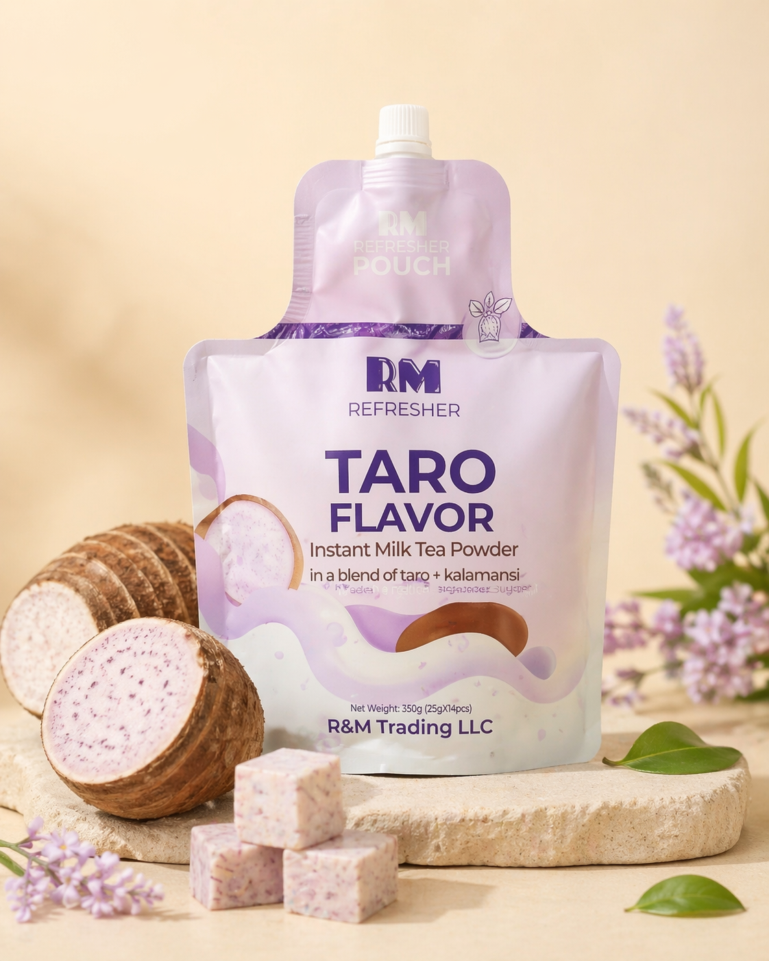 Taro Flavor instant milk tea pouch styled with taro cubes and lavender accents